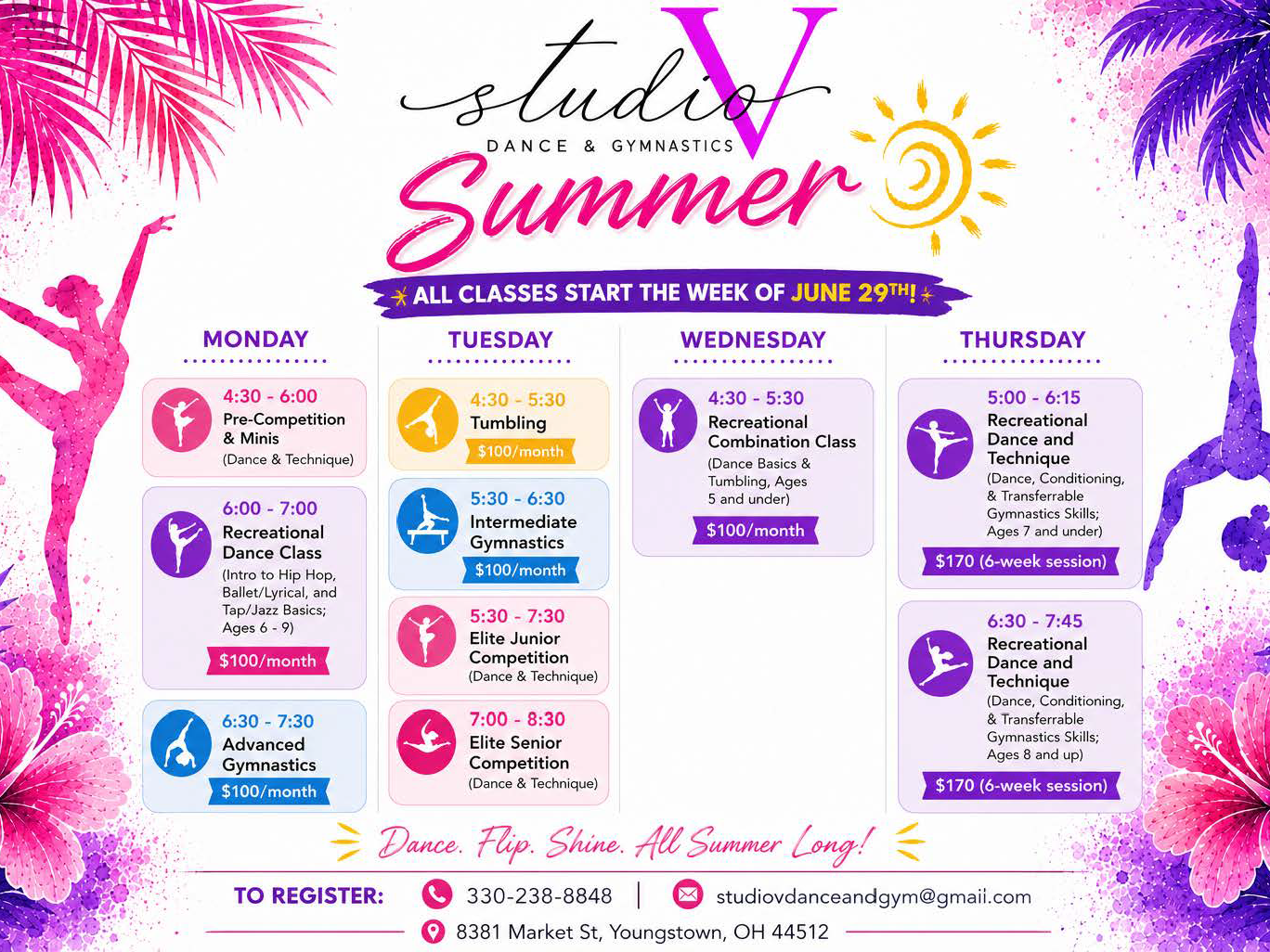 Studio V Dance and Gymnastices Summer Schedule 2026 in Boardman, OH