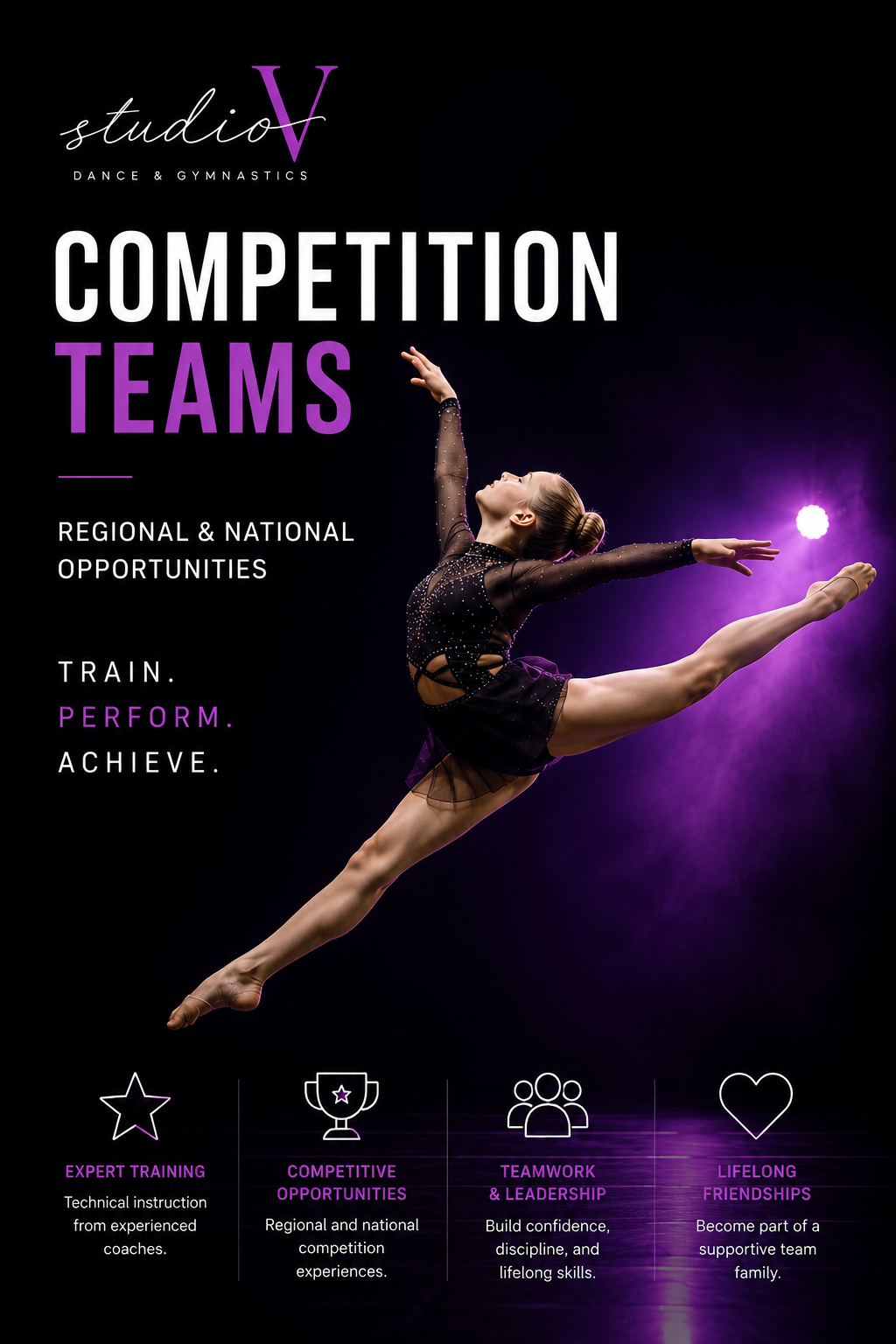 Studio V Dance & Gymnastics competition dancers performing advanced choreography and training for regional and national events.
